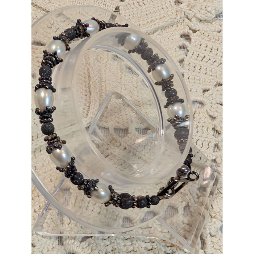 Artisan Sterling Silver 925 Freshwater Pearl & Black Lava Rock Bracelet